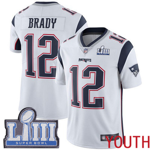 New England Patriots Football 12 Super Bowl LIII Bound Vapor Limited White Youth Tom Brady Road NFL Jersey